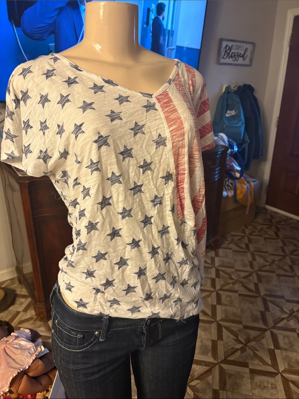 Women's Flag Print Short Sleeve Top - White/Blue/Red
